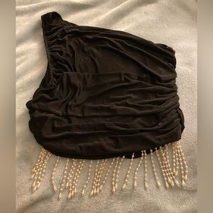 Black one shoulder Pearl fringe top size large